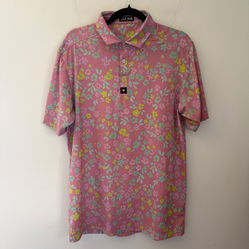 Bad Birdie Mens Pink Floral Golf Polo Shirt Short Sleeve Performance Stretch L